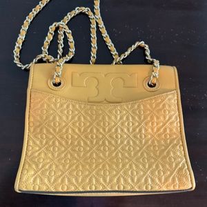 Tory Burch Yellow Gold Quilted Leather Bag with Metal & Leather Strap Chain